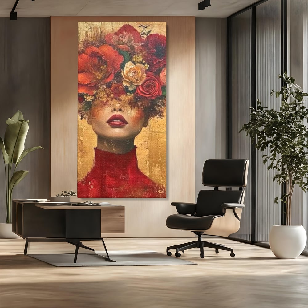 Tablou canvas cu tablou canvas cu portret de femeie si flori, fara rama, pe sasiu de lemn, pe perete intr-un birou